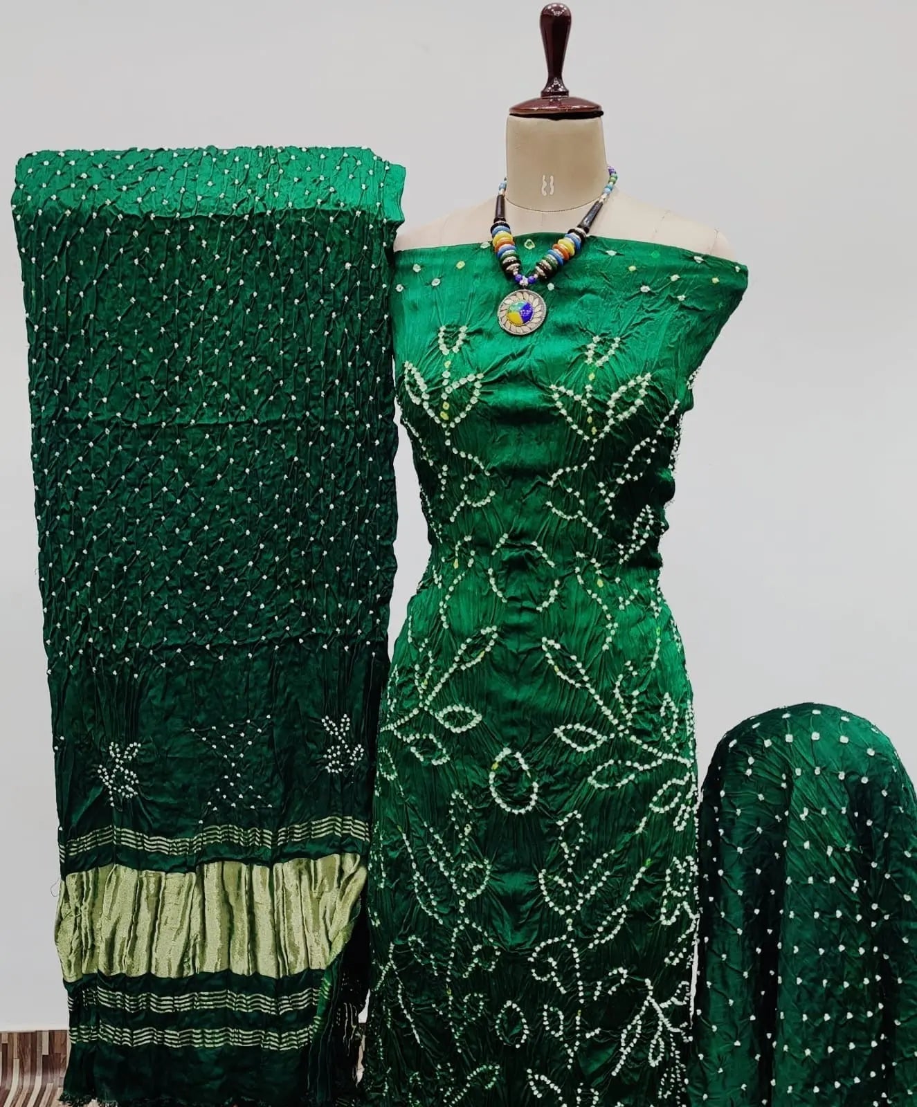 Heavy Modal Ghazi Silk Barik Bandhej work Bandhani Dress Material (Unstitched)