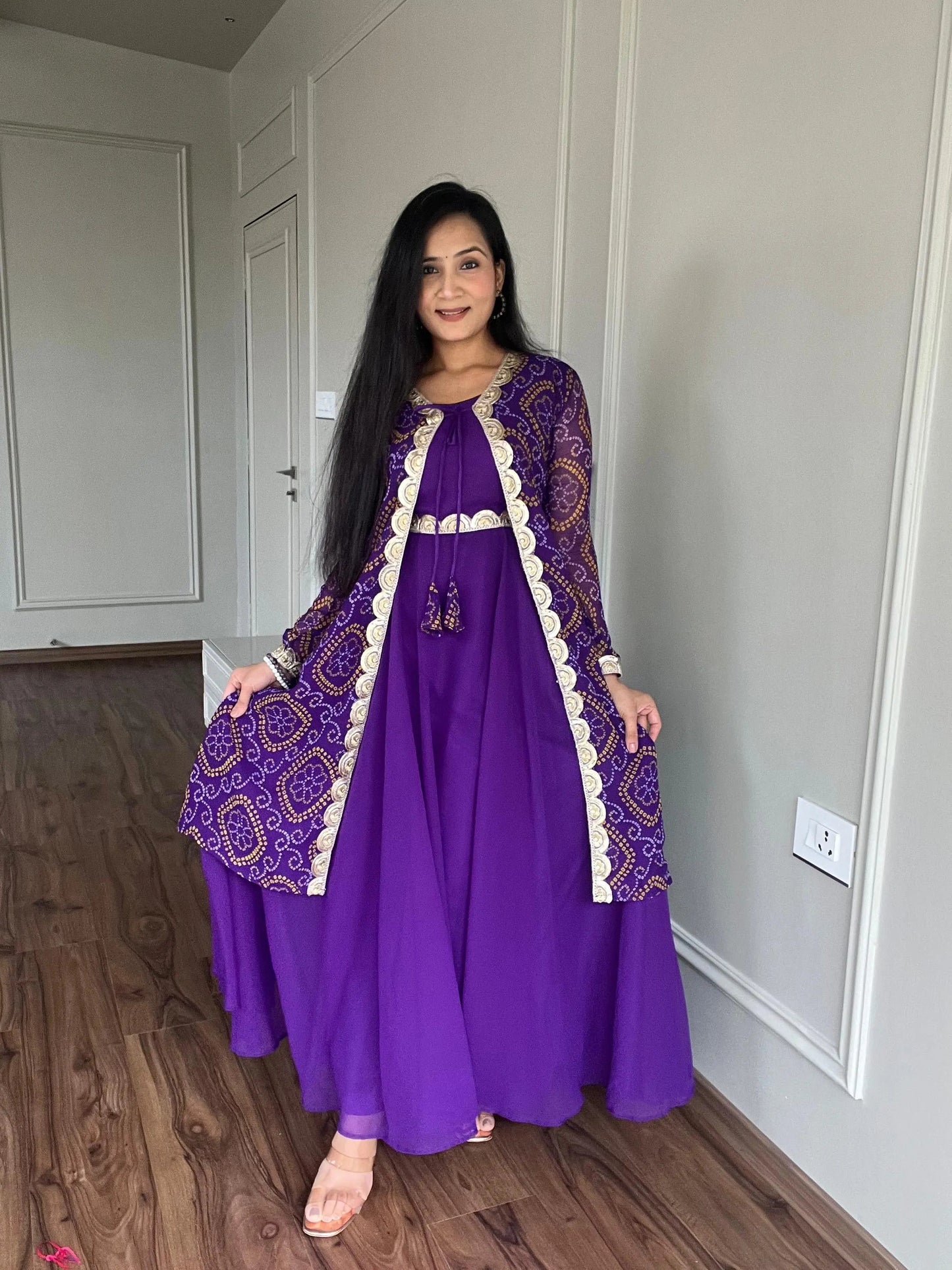 Faux Georgette Bandhani Print Gown Shrug Set