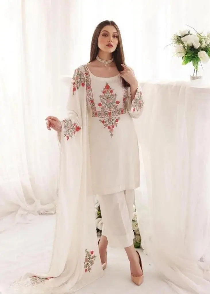 Georgette Embroidery work Kurti Pant Dupatta Set