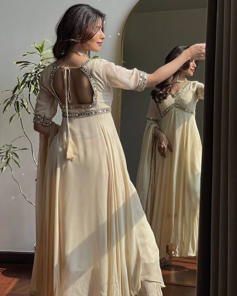 Faux Georgette Chikankari With Mirror Work Designer Anarkali Flair Gown Dupatta Set