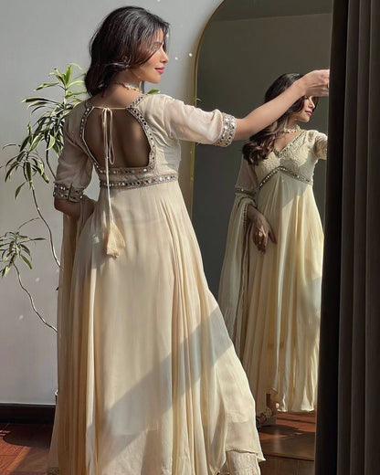 Faux Georgette Chikankari With Mirror Work Designer Anarkali Flair Gown Dupatta Set