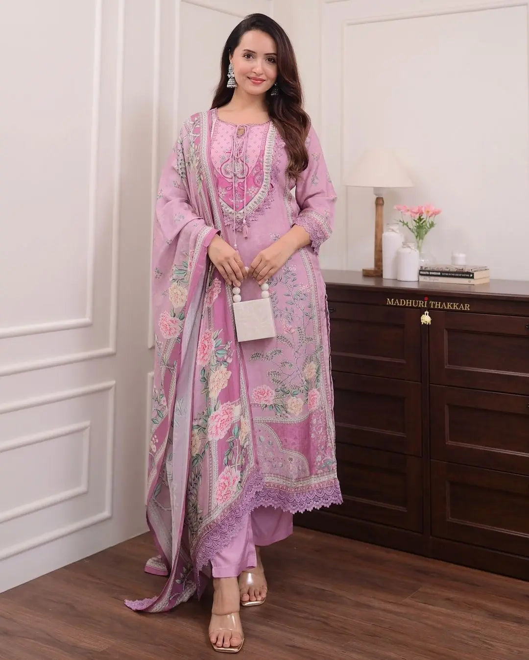 Lilac Muslin Floral Digital Printed Pakistani Kurti Pant Dupatta Set