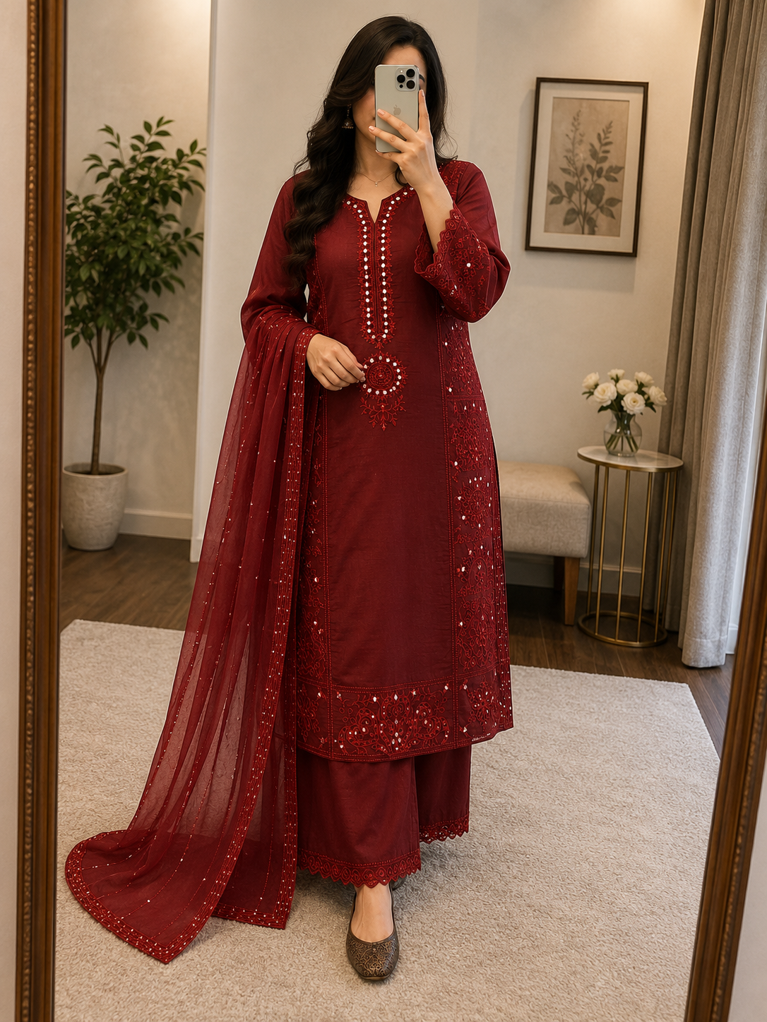 Mal Chanderi Real Mirror Work Designer 3Pc Kurti Pant Dupatta Set (Ready to Wear)