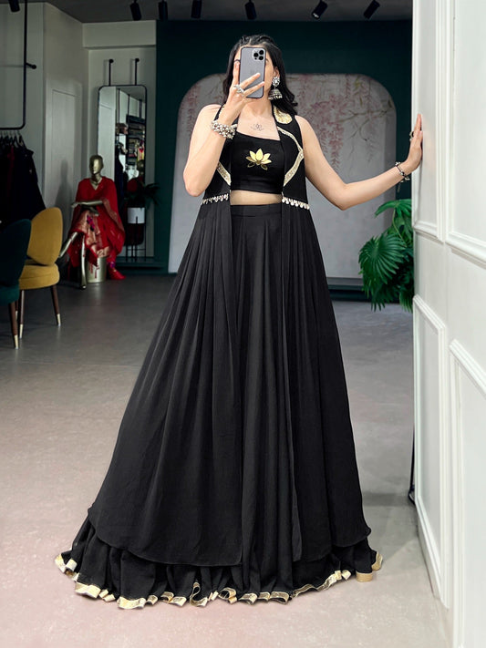 Lotus Handwork Designer Lehenga, Blouse & Long Jacket Set – Ready to Wear