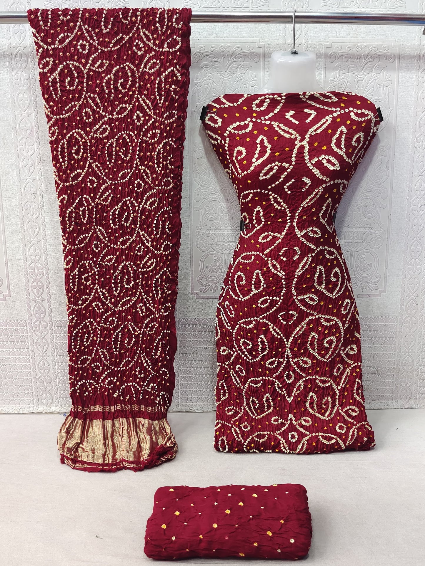 Modal Ghazi Silk barik Bandhej work Kutchi Bandhani Dress Material