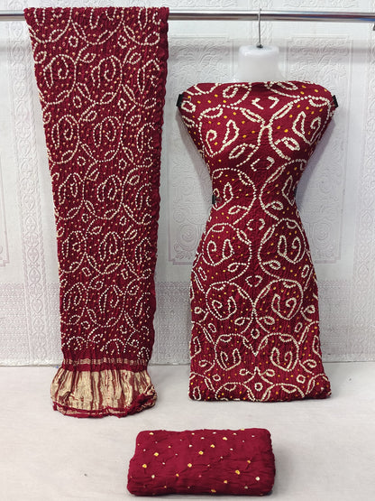 Modal Ghazi Silk barik Bandhej work Kutchi Bandhani Dress Material