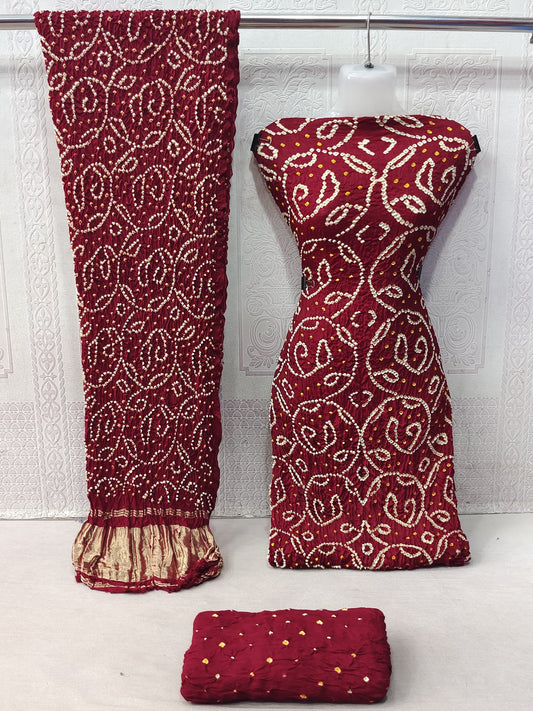 Modal Ghazi Silk barik Bandhej work Kutchi Bandhani Dress Material