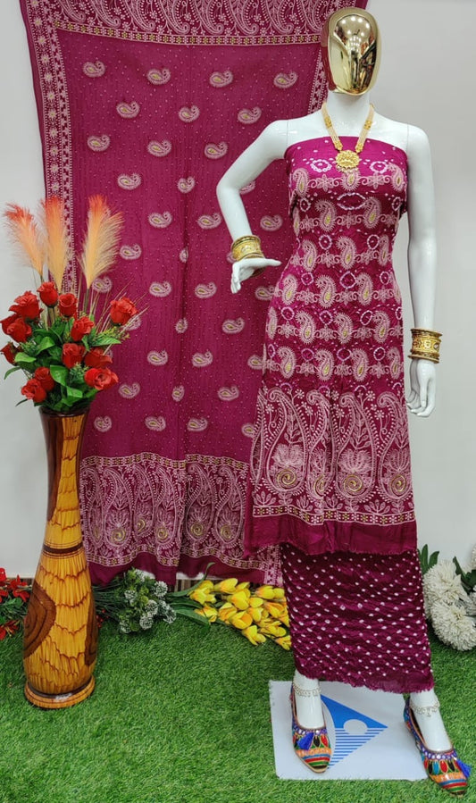 Modal Ghazi Silk Lakhnavi work Bandhani Salwar Material