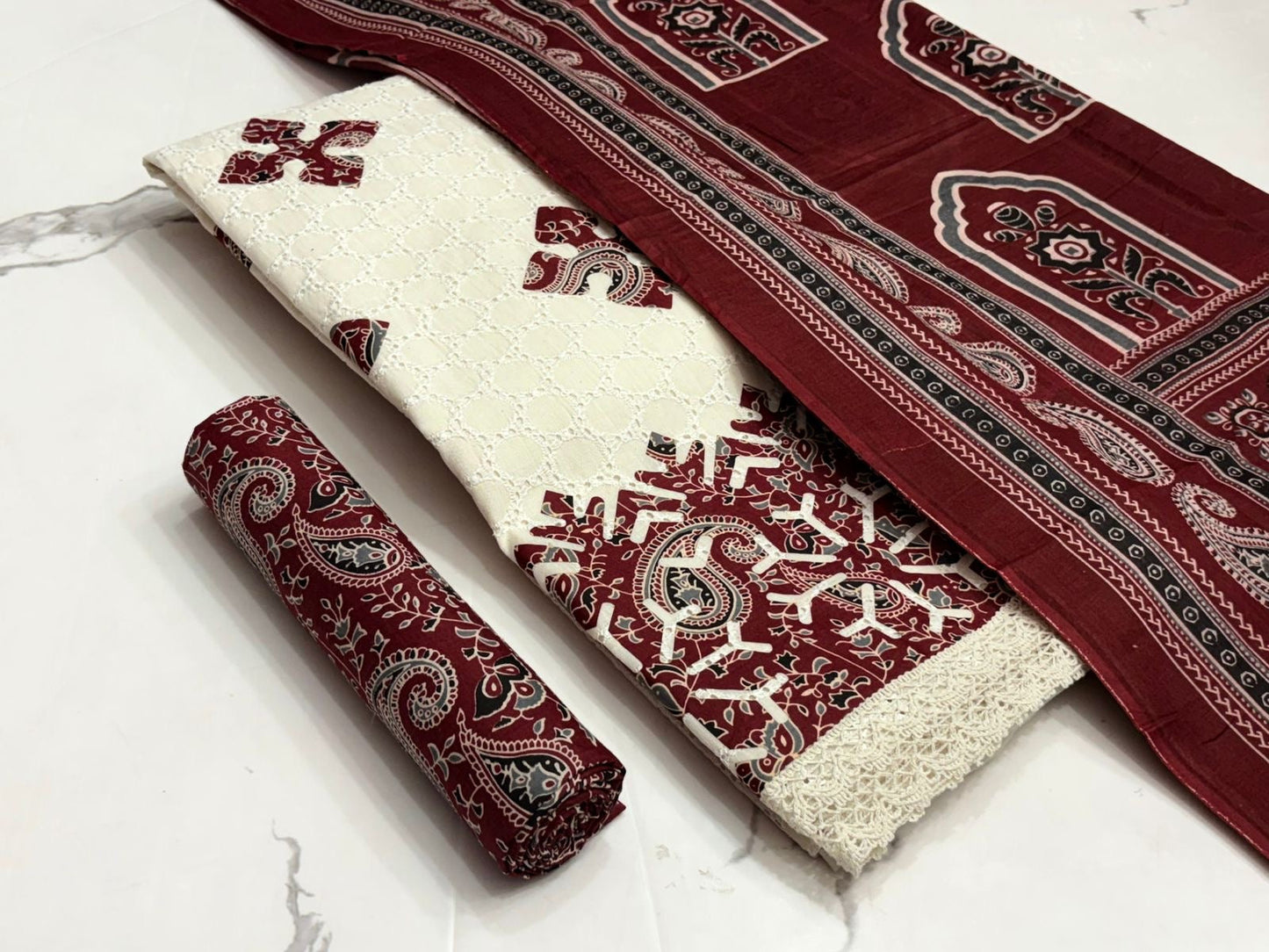 Hakoba Chikanwork with Ajrakh Block Print Summer 3Pc Cotton Dress Material