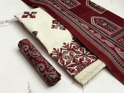 Hakoba Chikanwork with Ajrakh Block Print Summer 3Pc Cotton Dress Material