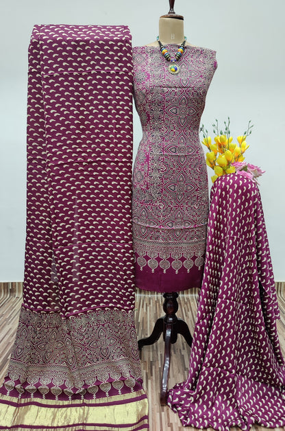 Modal Ghazi Silk Ajrakh Print Dress Material (Unstitched)