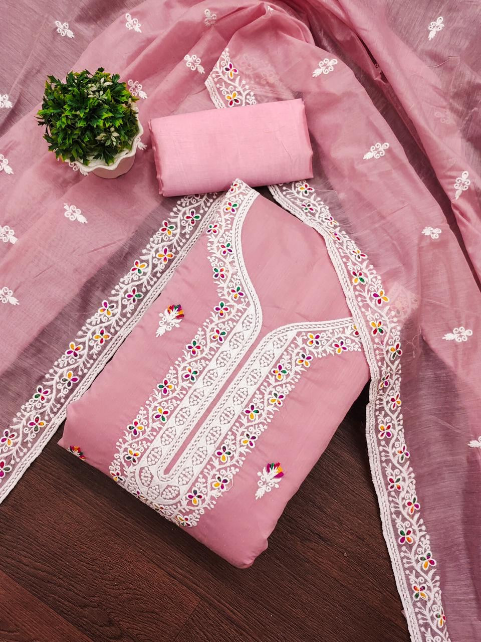 Heavy Chanderi Neck Embroidery work Dress Material (Unstitched)