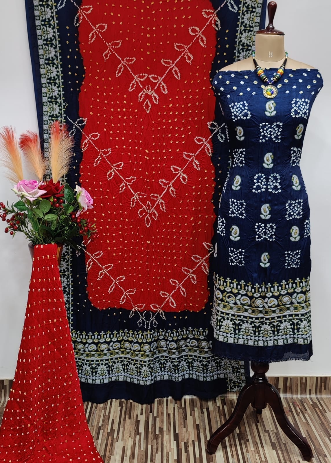 Ghazi Silk Lakhnavi Thread and Bandhani Work Bandhani Dress Material
