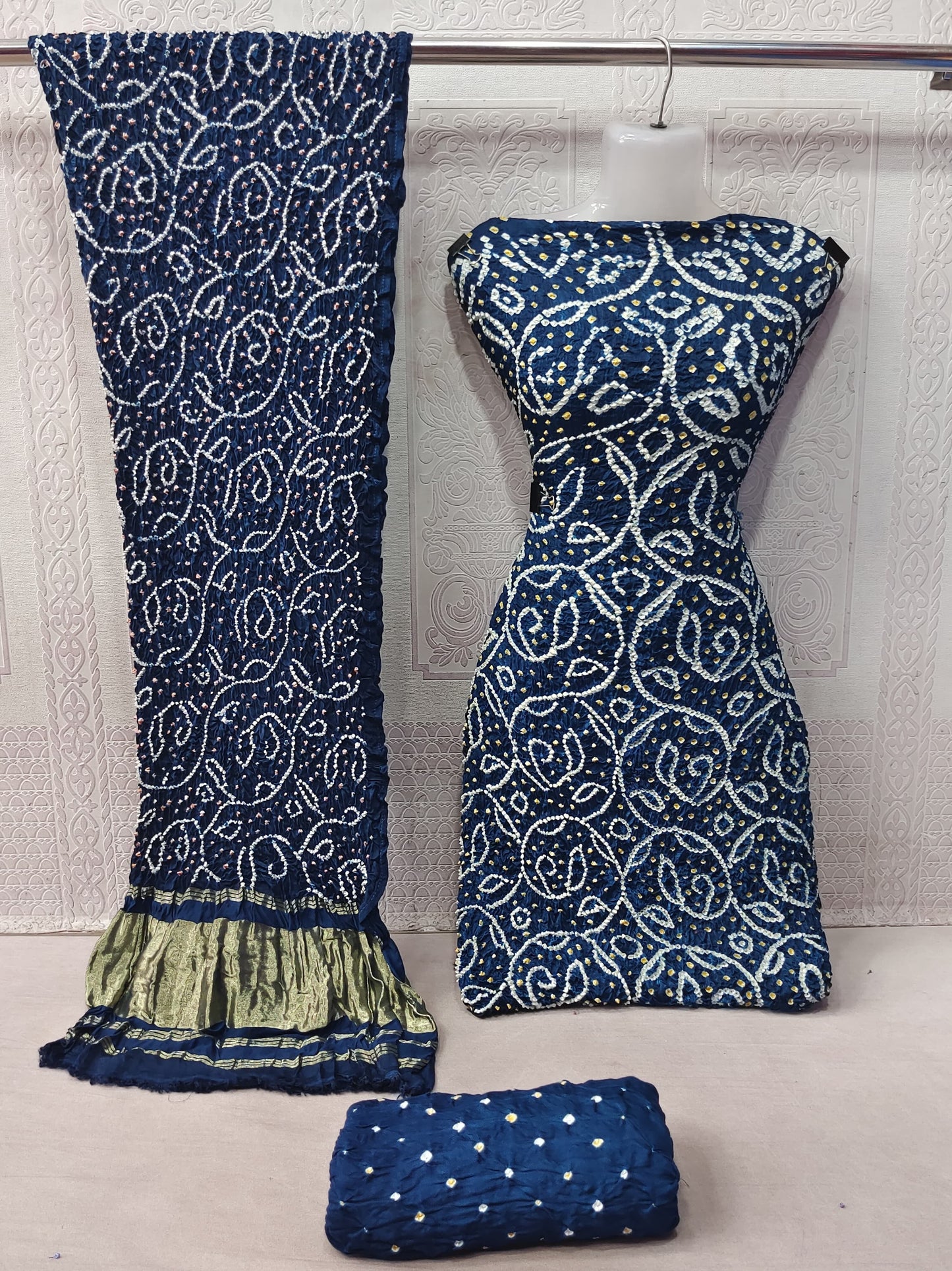 Modal Ghazi Silk barik Bandhej work Kutchi Bandhani Dress Material