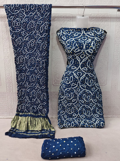 Modal Ghazi Silk barik Bandhej work Kutchi Bandhani Dress Material