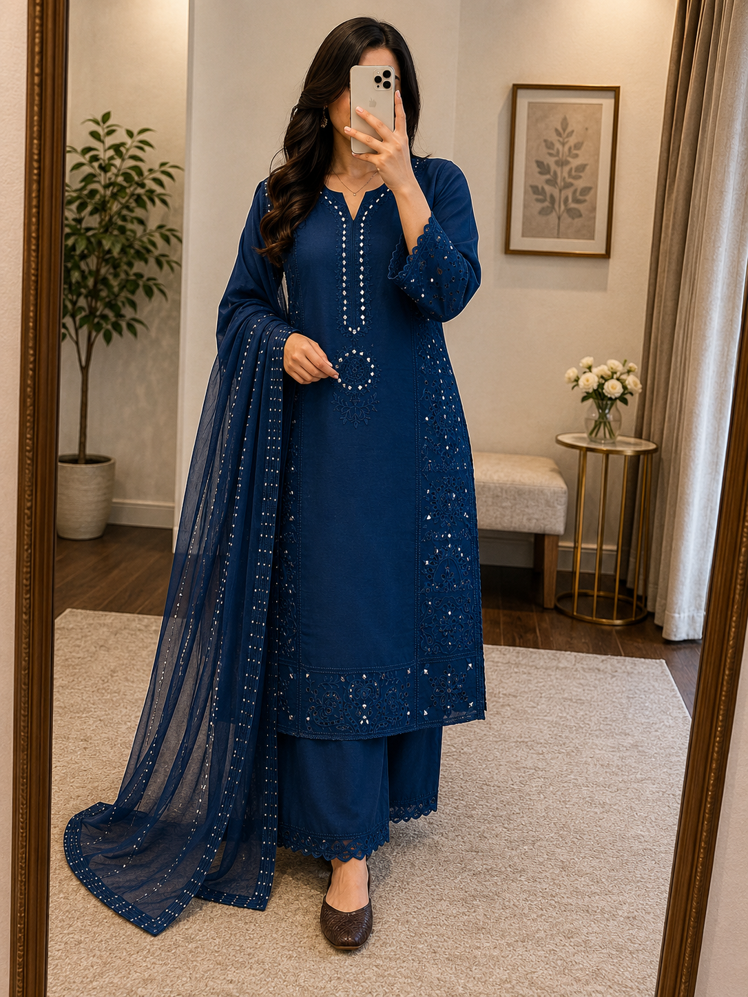 Mal Chanderi Real Mirror Work Designer 3Pc Kurti Pant Dupatta Set (Ready to Wear)