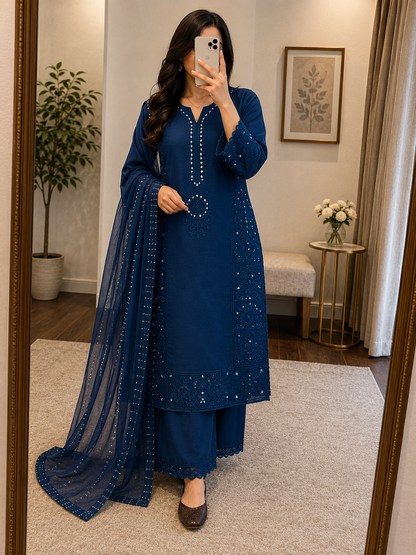 Mal Chanderi Real Mirror Work Designer 3Pc Kurti Pant Dupatta Set (Ready to Wear)