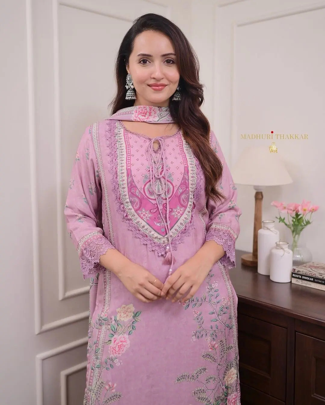 Lilac Muslin Floral Digital Printed Pakistani Kurti Pant Dupatta Set