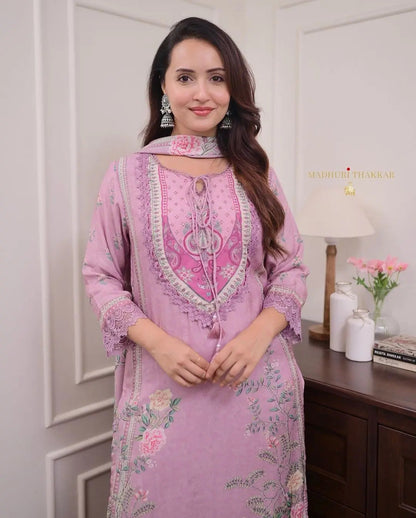 Lilac Muslin Floral Digital Printed Pakistani Kurti Pant Dupatta Set