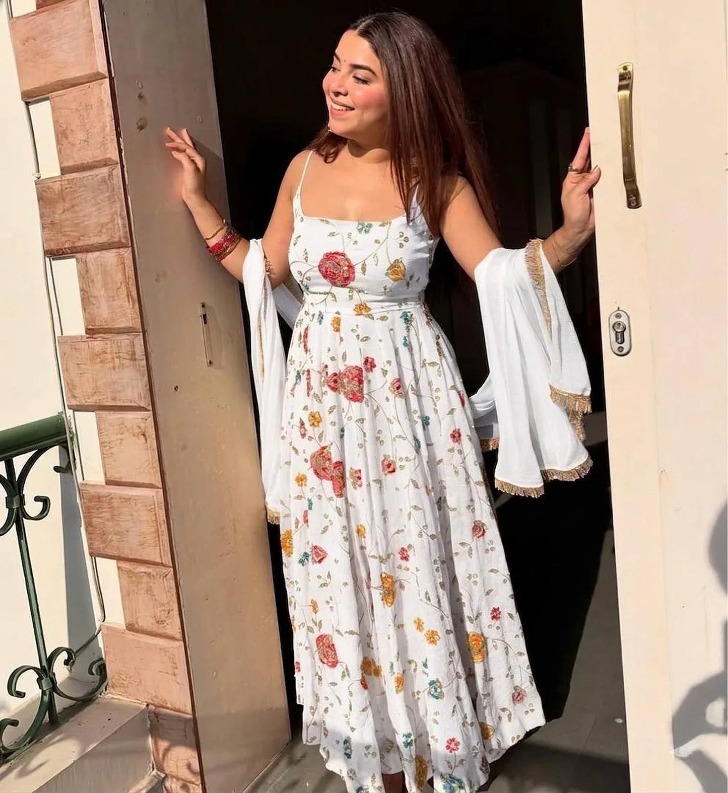 Vlveera White Heavy Silk Anarkali Gown Set with Zari & Sequins Work