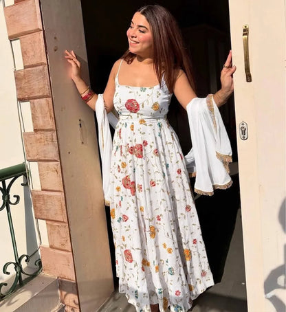 Vlveera White Heavy Silk Anarkali Gown Set with Zari & Sequins Work
