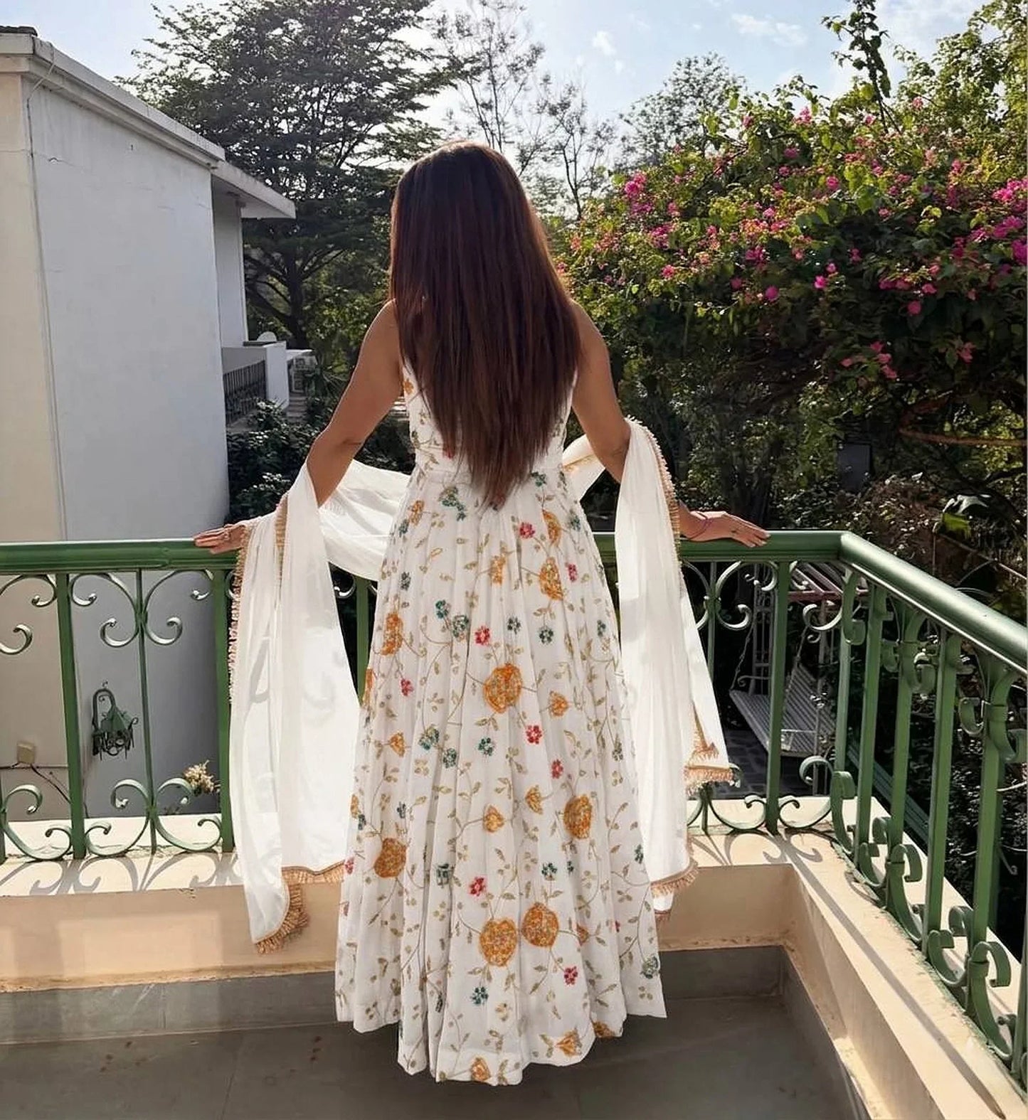 Vlveera White Heavy Silk Anarkali Gown Set with Zari & Sequins Work