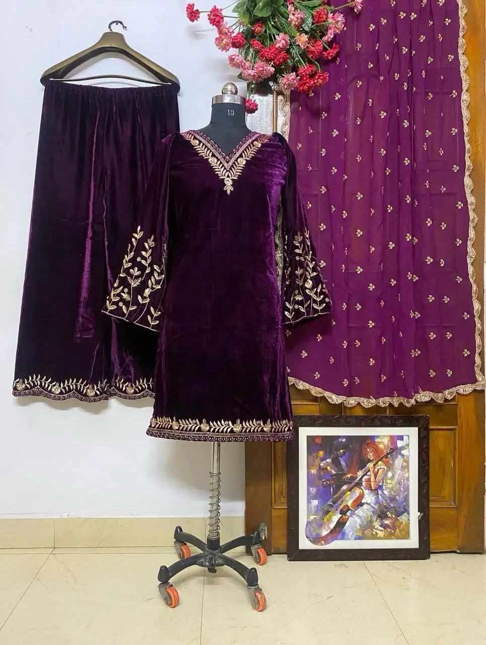Lace work Velvet Kurti Pant Set ( Stitched)