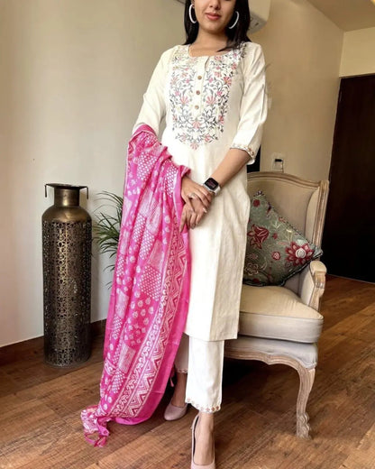 Handloom Cotton Embroidery work Kurti Pant Dupatta Set (Stitched)