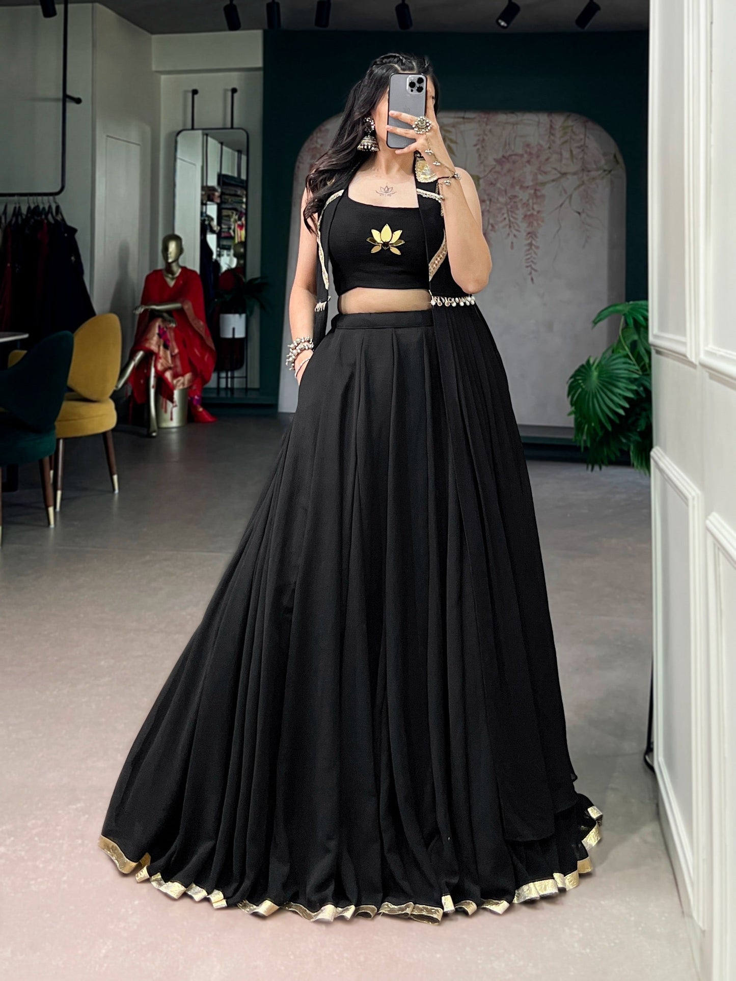 Lotus Handwork Designer Lehenga, Blouse & Long Jacket Set – Ready to Wear