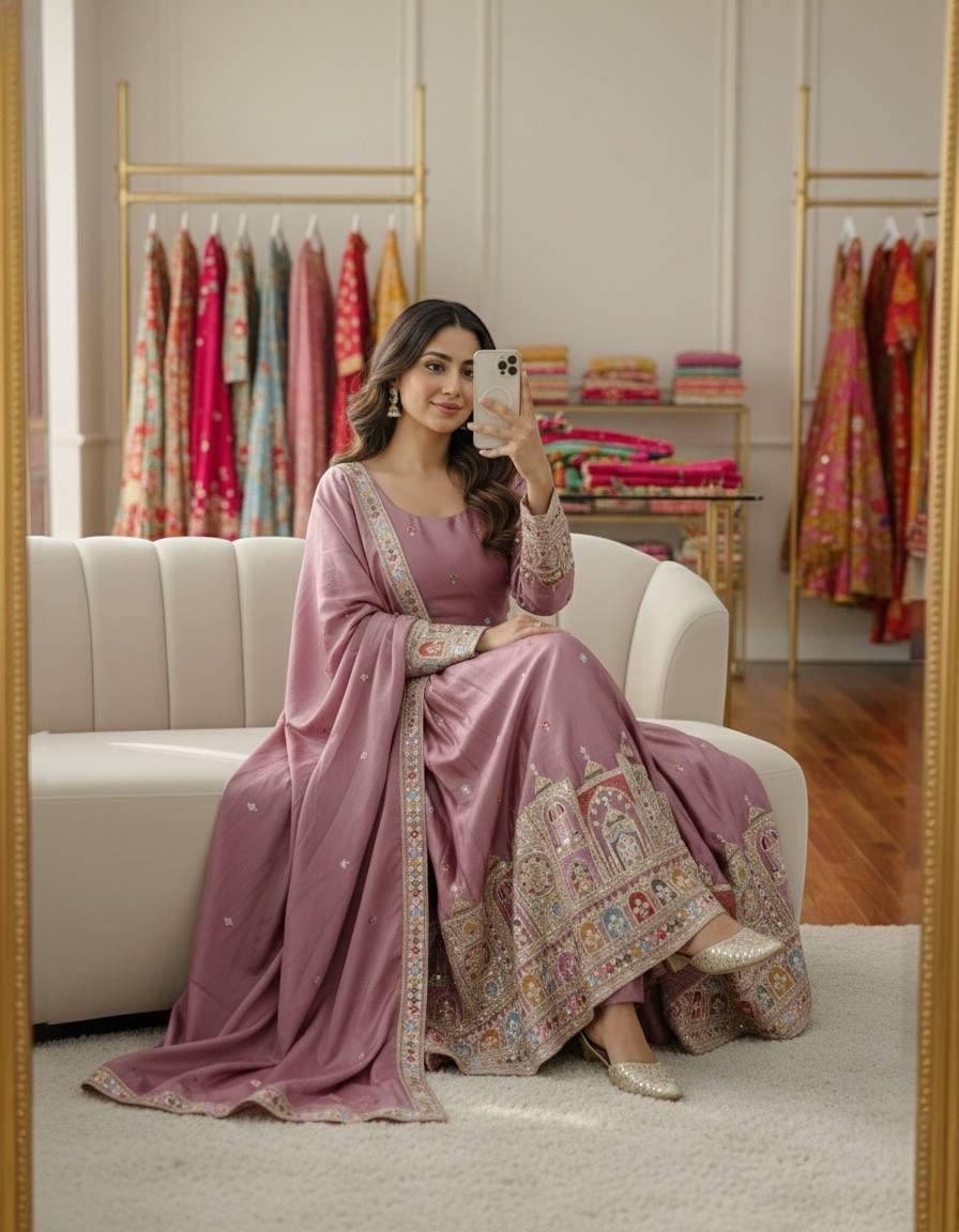 Chinon Silk Embroidery Work Gown Dupatta Pant Set