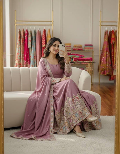 Chinon Silk Embroidery Work Gown Dupatta Pant Set