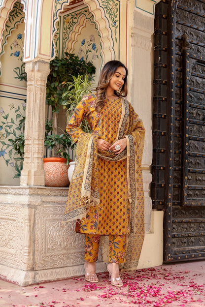 Vasantika Mustard Bloom Delight Suit Set - Doriya