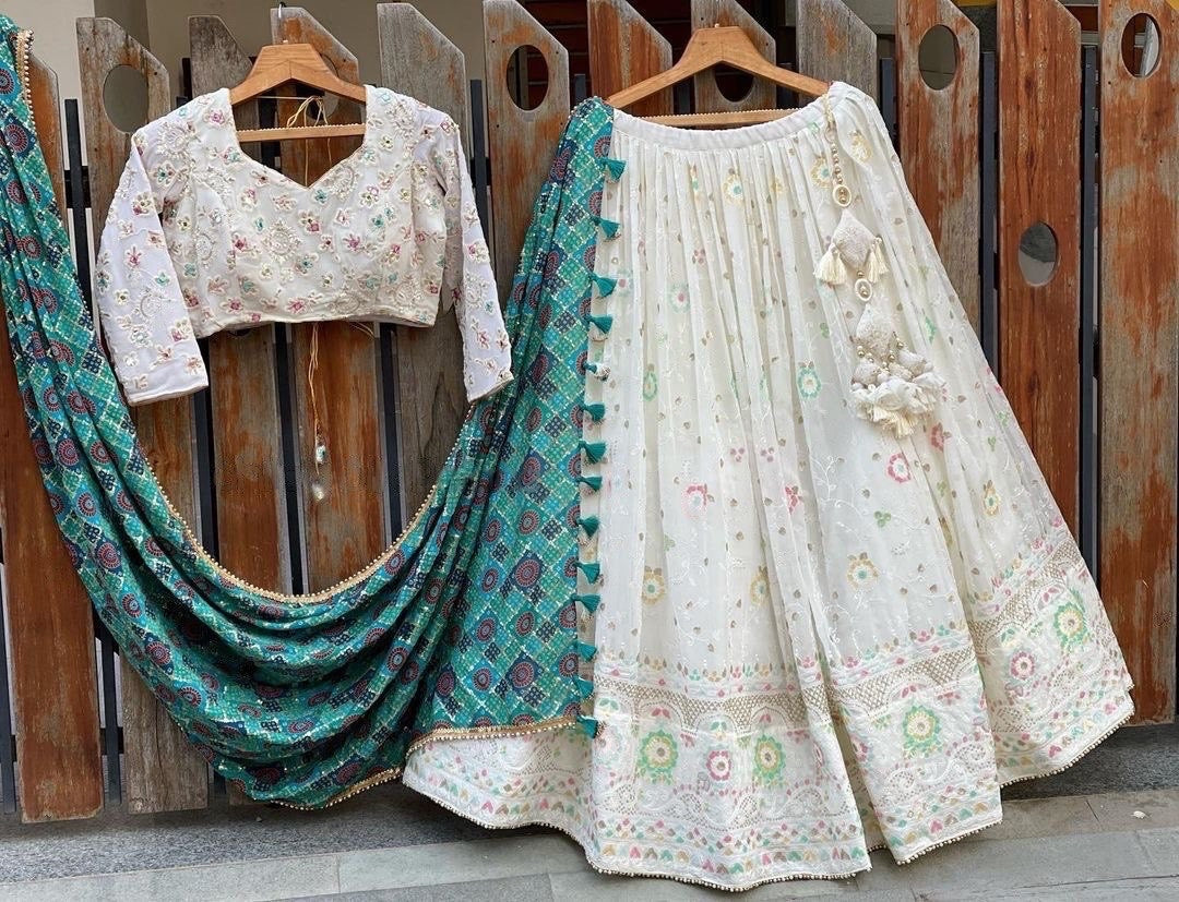 Gerogette Thread Embroidery work Designer Lehenga Choli Set ( Stitched)