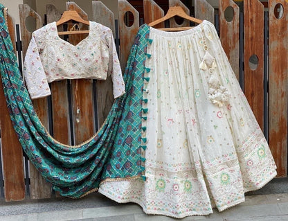 Gerogette Thread Embroidery work Designer Lehenga Choli Set ( Stitched)