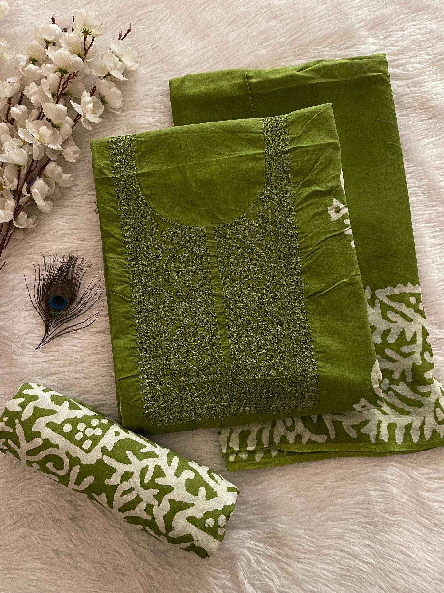 Lakhnavi Thread Work Block Print Batik Dress Material (Unstitched)