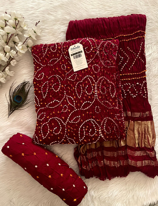 Modal Ghazi Silk Original Hand crafted Silk Bandhani Dress Material (Unstitched)