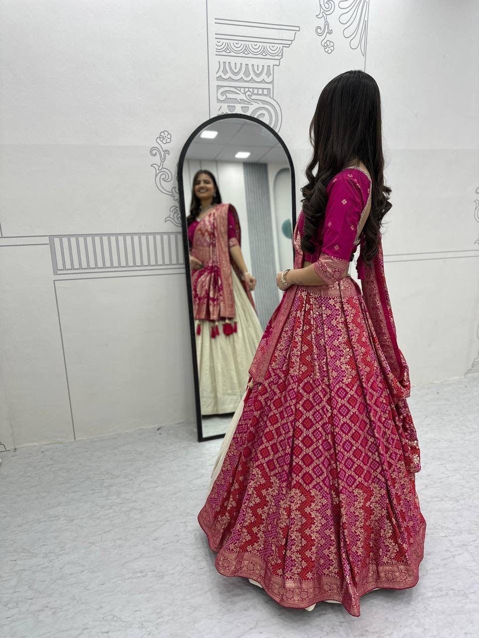 Jeckard Silk Moti Work Lace Lehenga Choli Dupatta Set