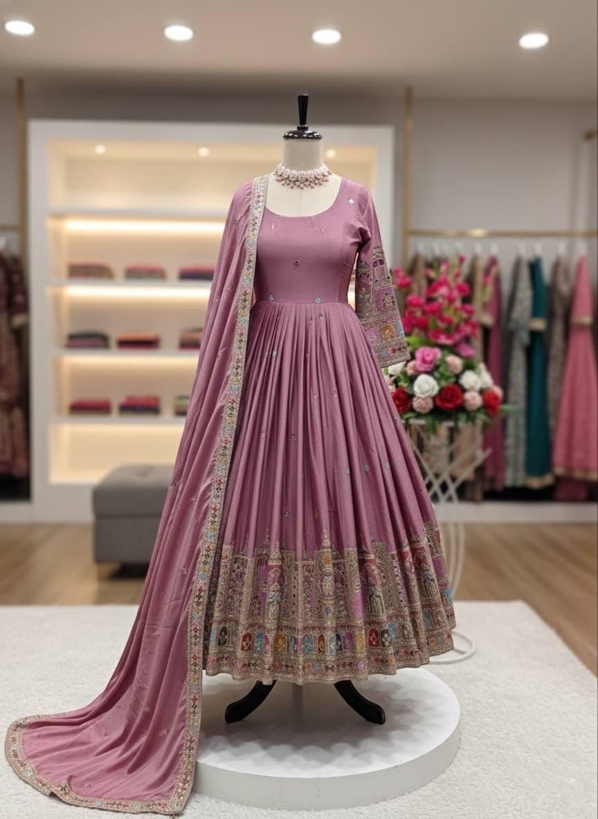 Chinon Silk Embroidery Work Gown Dupatta Pant Set
