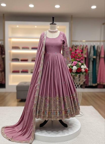 Chinon Silk Embroidery Work Gown Dupatta Pant Set