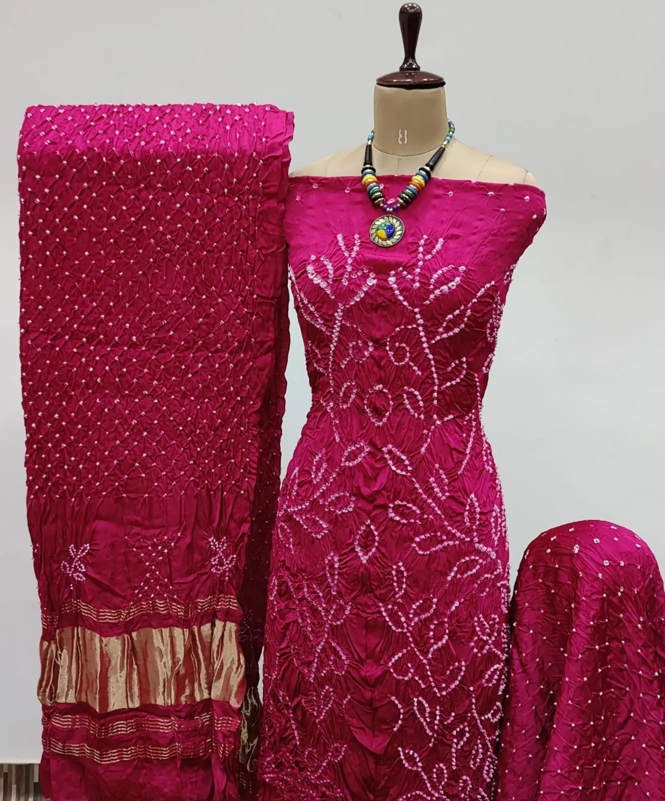 Heavy Modal Ghazi Silk Barik Bandhej work Bandhani Dress Material (Unstitched)