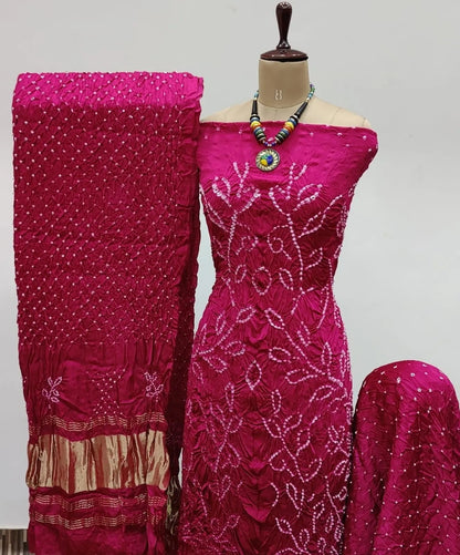 Heavy Modal Ghazi Silk Barik Bandhej work Bandhani Dress Material (Unstitched)
