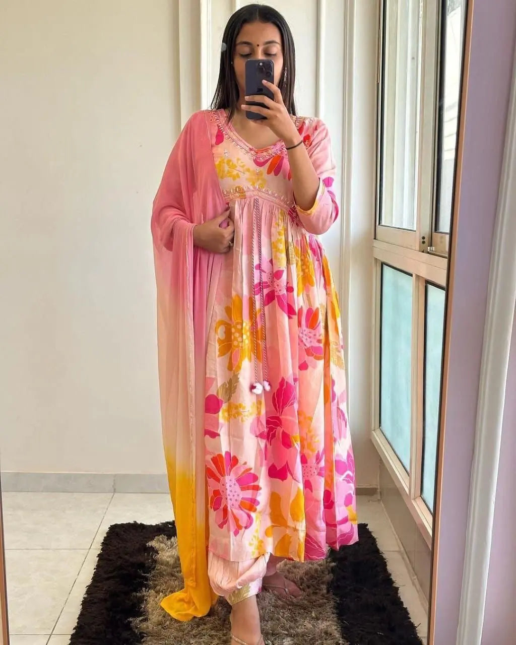 Floral Digital Print Lace embroidery work Afghani Kurti Pant Set