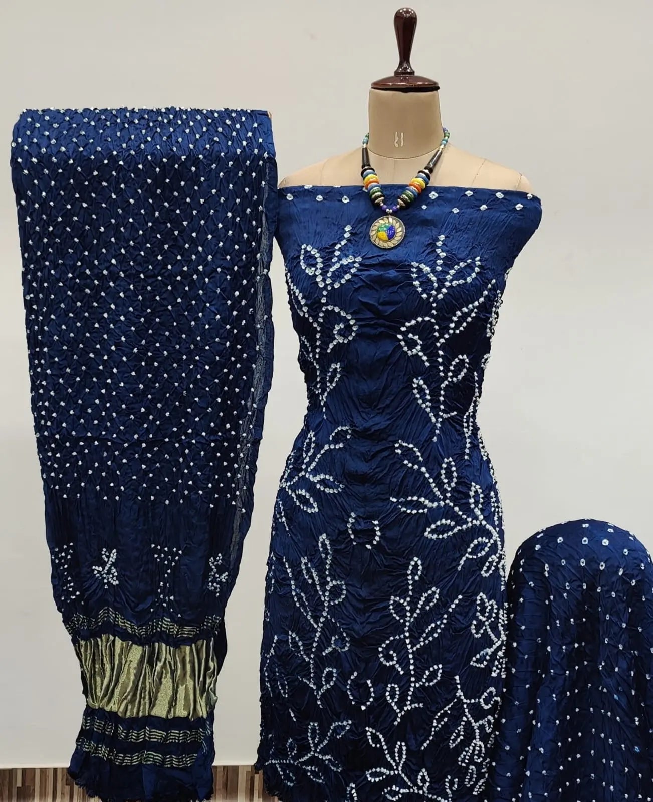 Heavy Modal Ghazi Silk Barik Bandhej work Bandhani Dress Material (Unstitched)