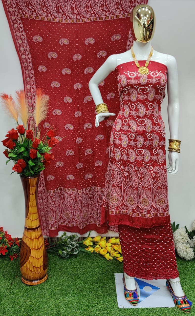 Modal Ghazi Silk Lakhnavi work Bandhani Salwar Material