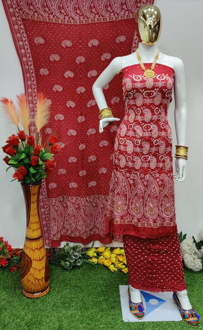 Modal Ghazi Silk Lakhnavi work Bandhani Salwar Material