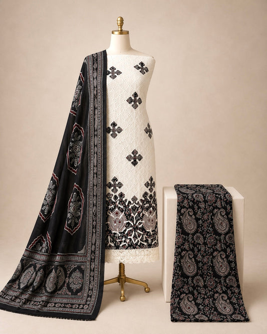 Hakoba Chikanwork with Ajrakh Block Print Summer 3Pc Cotton Dress Material