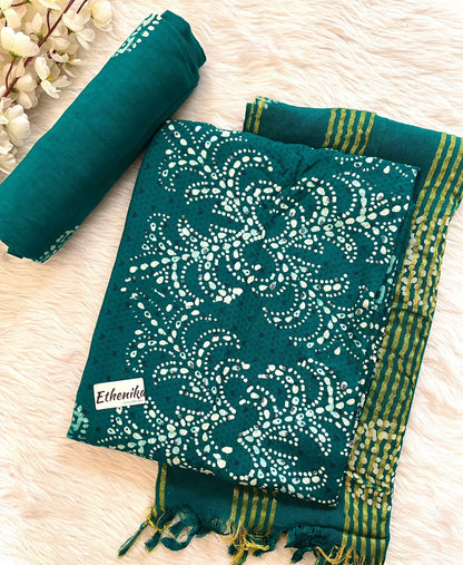 Hand Blocked Wax Batik Dress Material with Fumka work Dupatta (Unstitched)