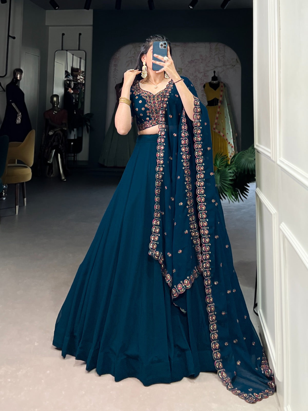 Georgette Sequence Thread Embroidery work Lehenga Choli Set (Stitched)