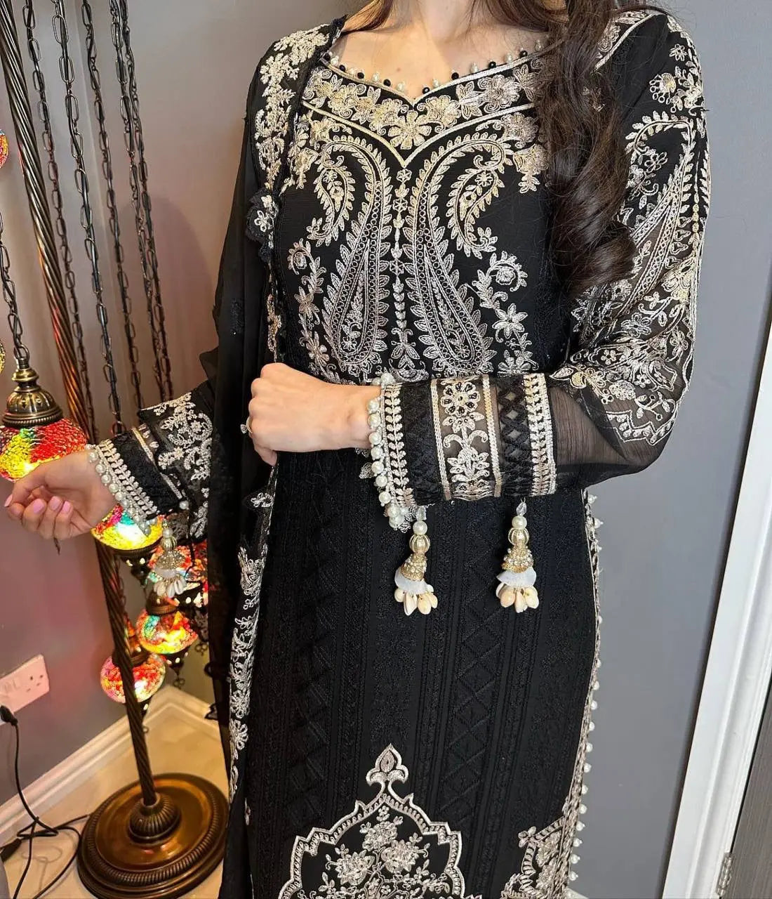 Georgette Zari Embroidery work Long Kurti Palazzo Dupatta Set