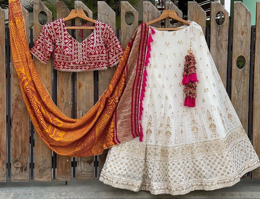 Gerogette Thread Embroidery work Designer Lehenga Choli Set ( Stitched)